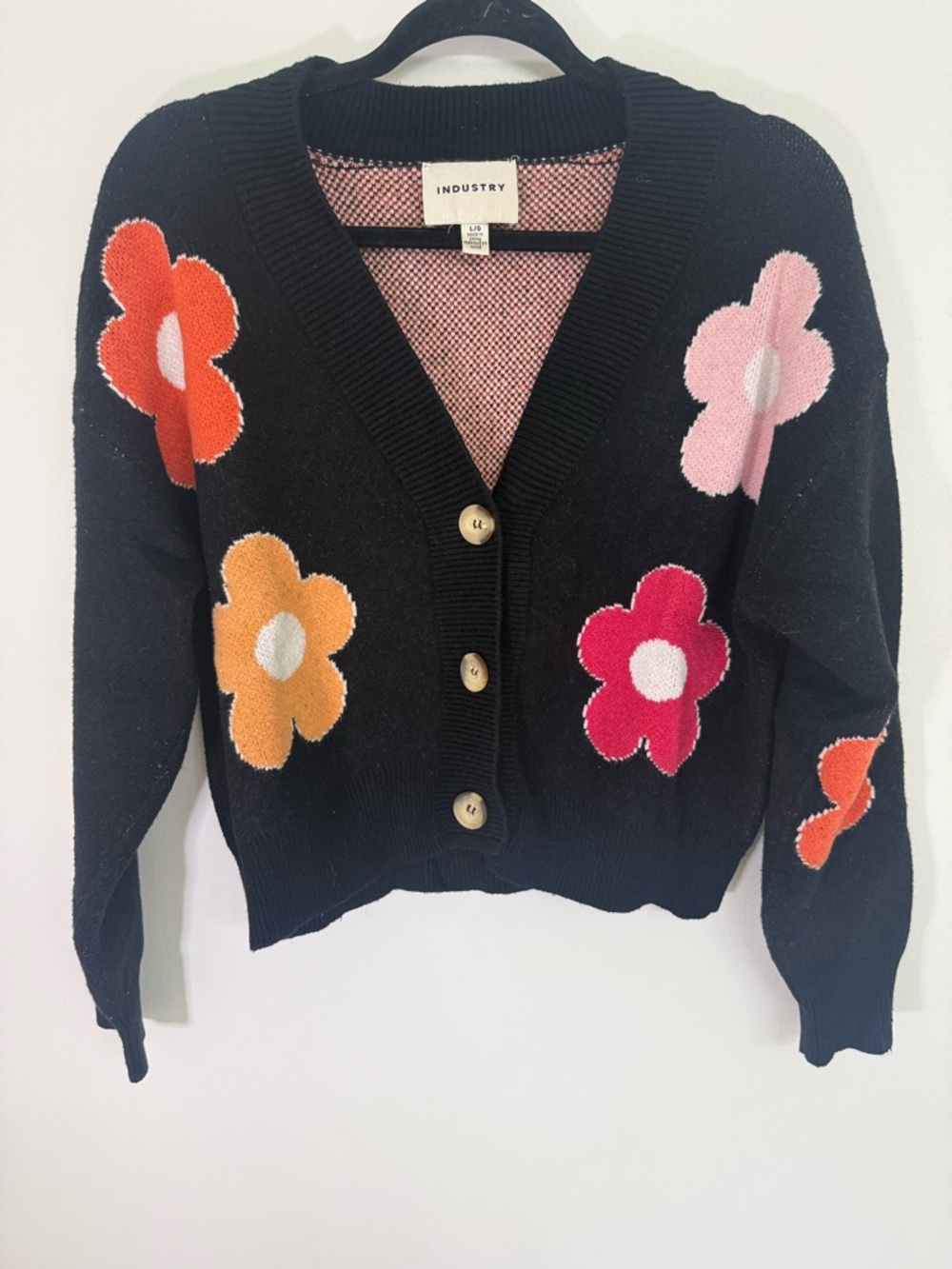 IndustryBlack Floral Knit Button-Up Cardigan - Pink, Orange, Red, Yellow Flowers